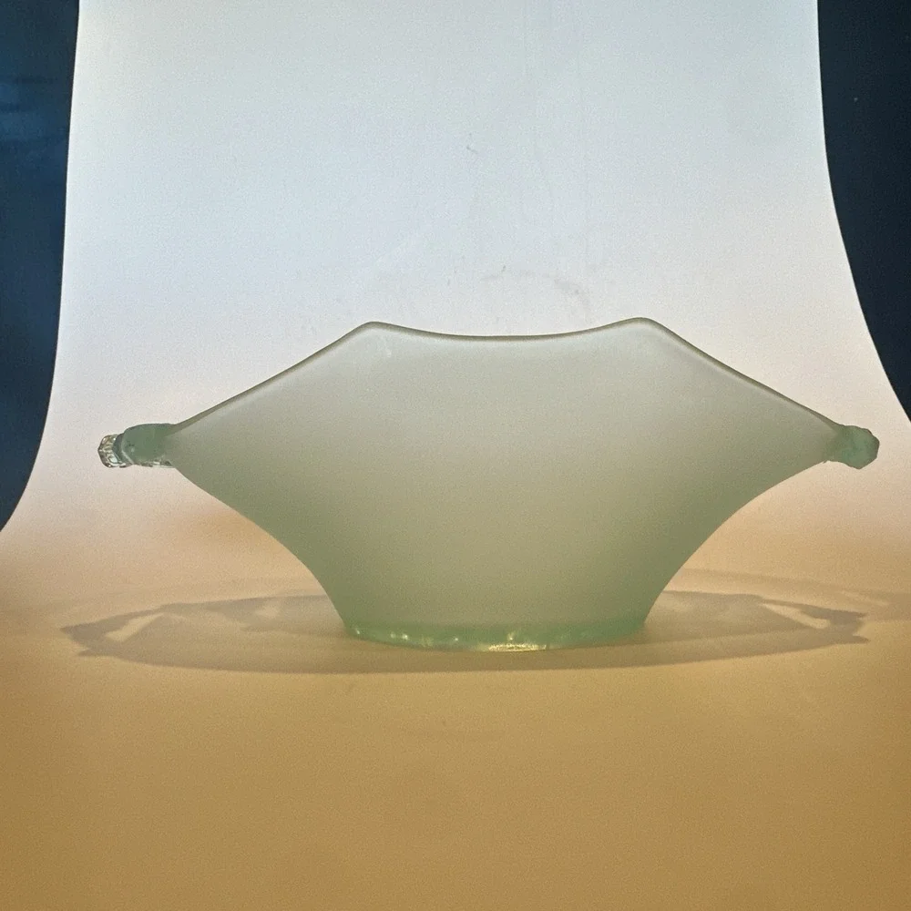 Vintage Depression Glass Green Satin Lancaster Octagon 924 Handled Nappy Bowl